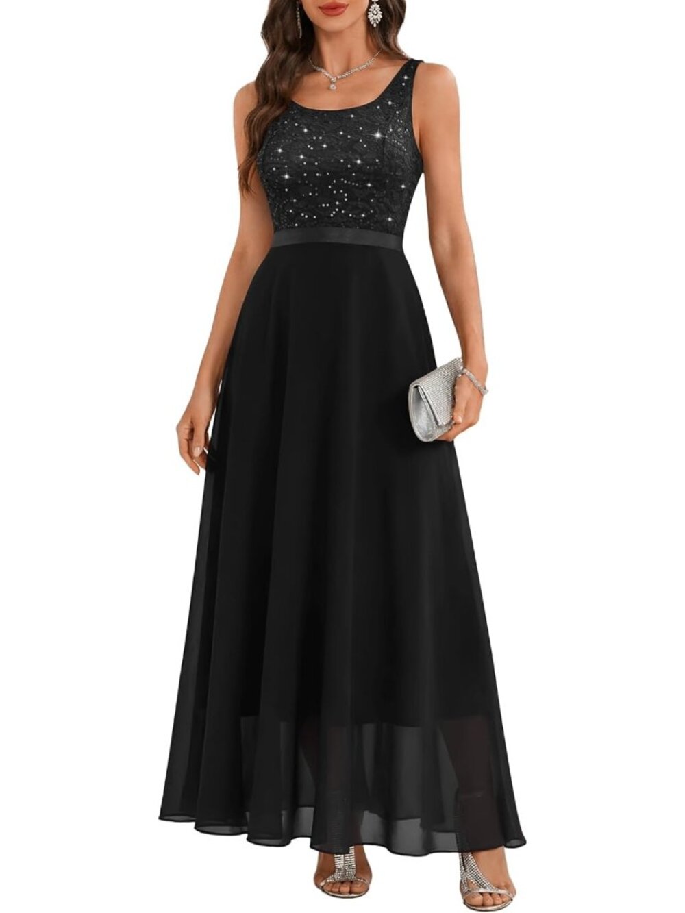 Women's Black A LINE Sequin Silhouette Shimmer Mesh Cocktail Maxi Dress